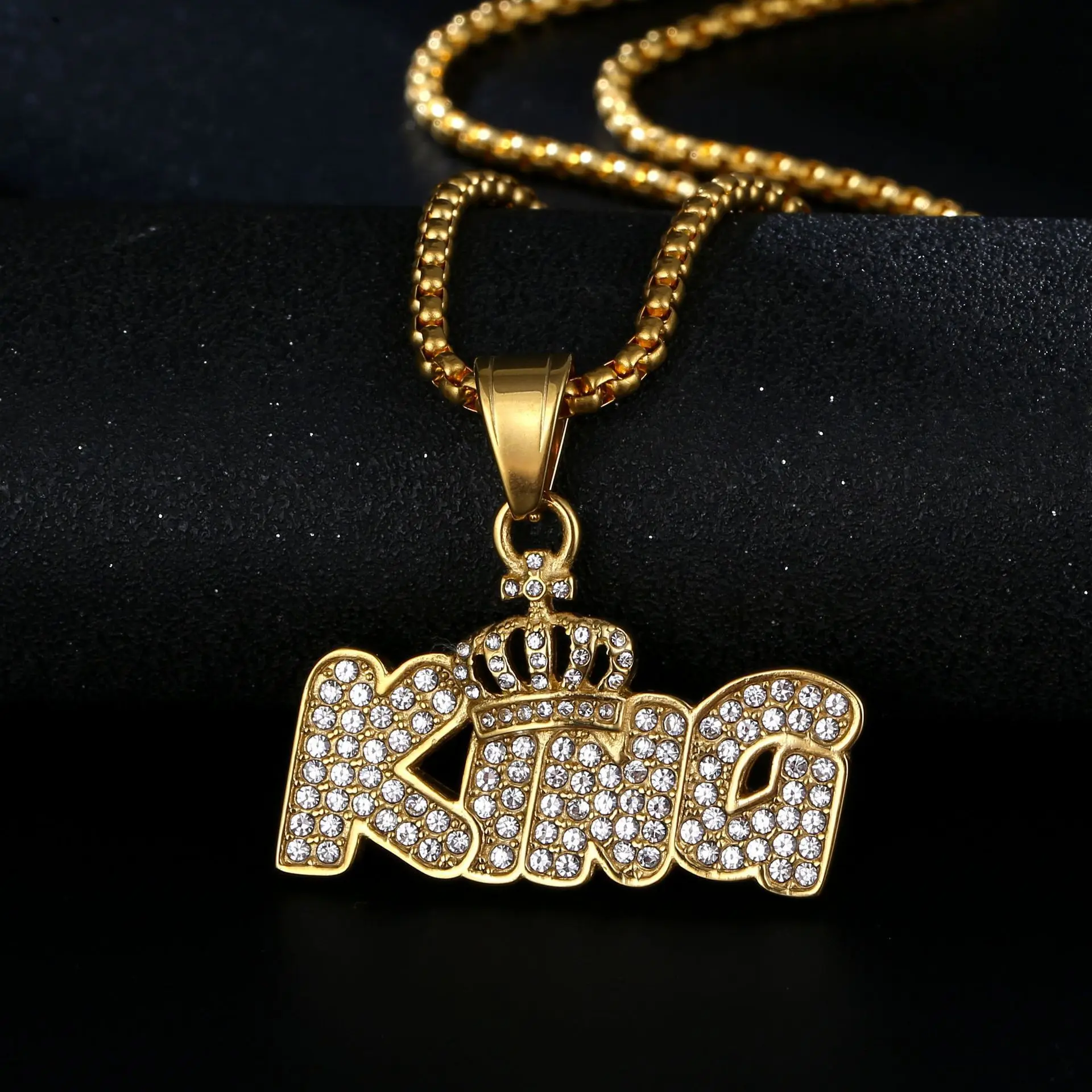 

Besiko Zirconia Letter KING Pendant Necklace Stainless Steel For Men Women Fashion Hip-Hop Rock Party Birthday Jewelry Gift