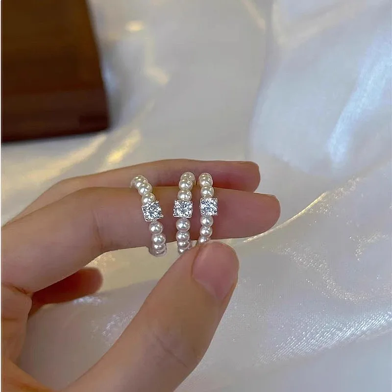 Small Sugar Cube Moissanite Pearl Elastic Beaded Ring Niche Design Women Light Luxury Jewelry