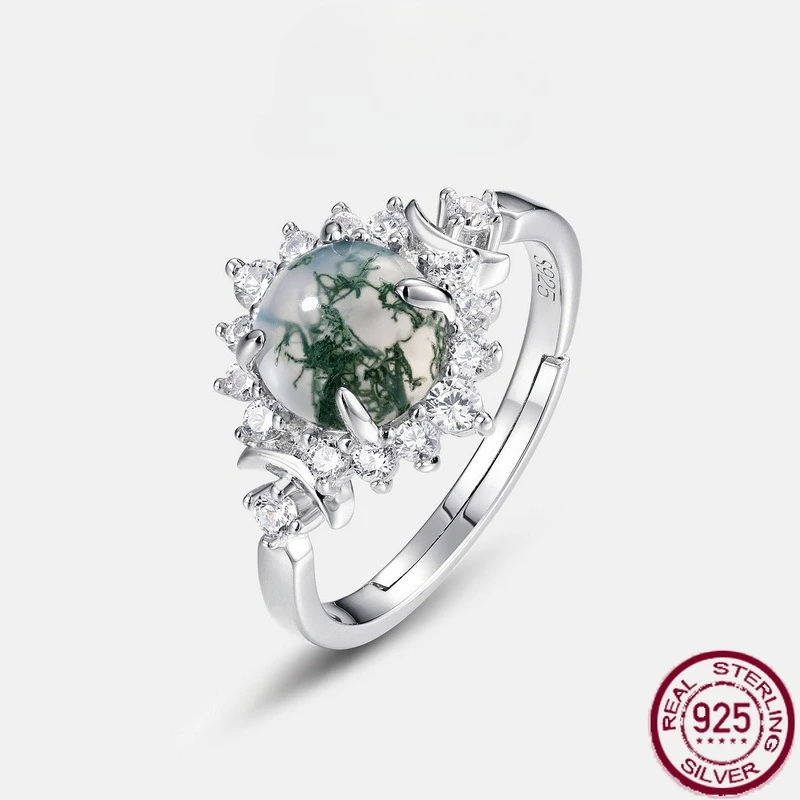 新しい-s925-純銀水草瑪瑙グリーンモスフルセットホワイトジルコニウム太陽の花リングウェディングジュエリー