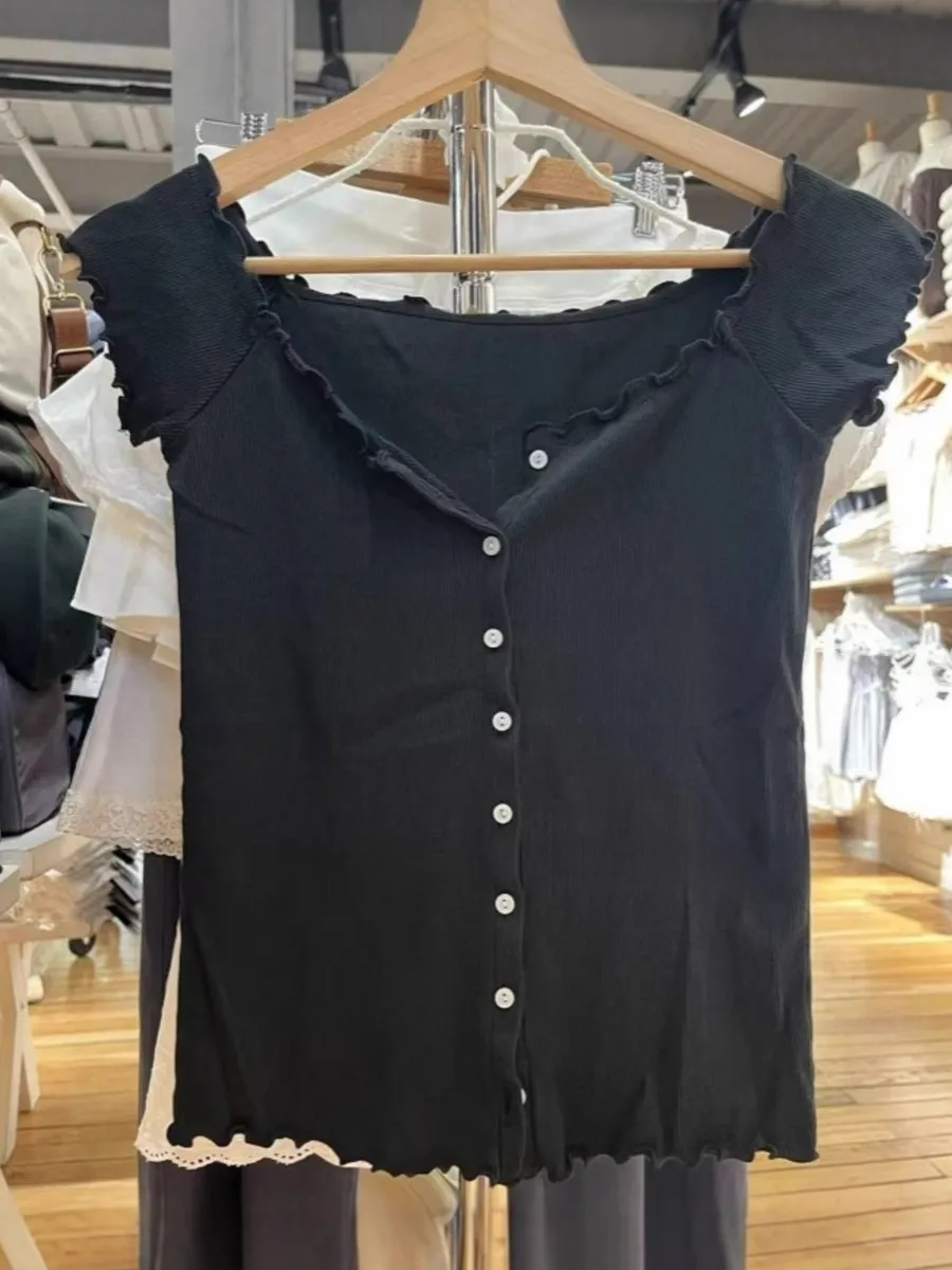 

Solid Fungus Trim Ribbed Tops Woman All-match O-neck Single Breasted Short Sleeve Cotton Tees Sweet Casual Slim Simple T-shirts