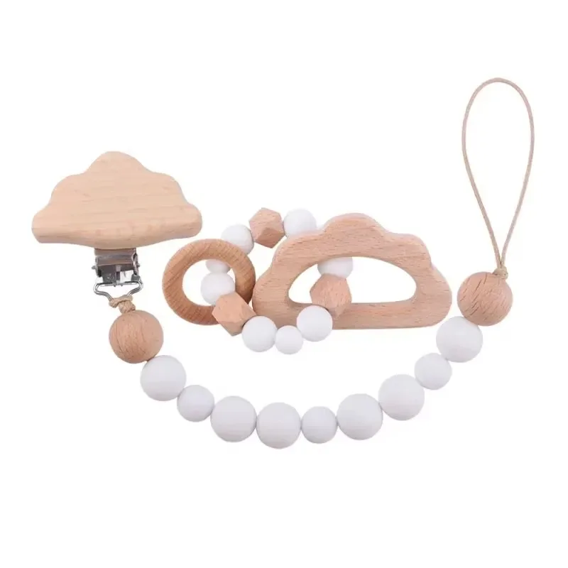 Hot 2pcs Baby Pacifier Clip Wooden Teethers Bracelet Set Cartoon Star Cloud Cat Silicone Beads Anti-lost Chain Baby Accessories