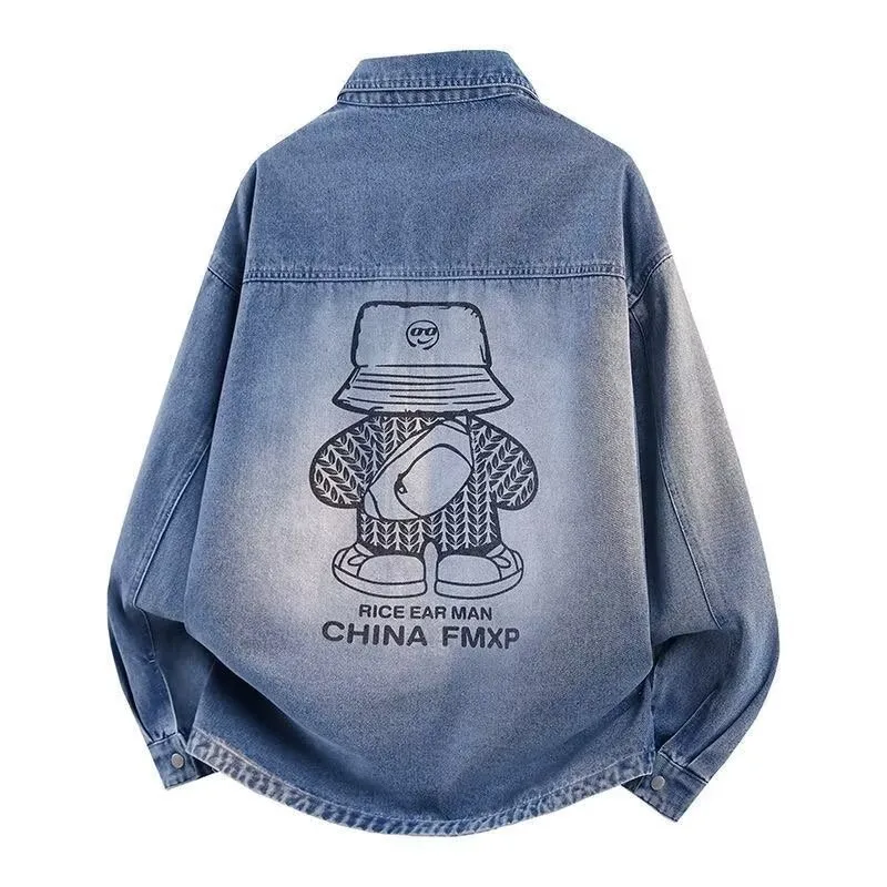 Men's Oversized Denim Shirt Jacket with Bear Print Long Sleeve Casual Streetwear Button Down Top for Men Spring Autumn Loose Fit