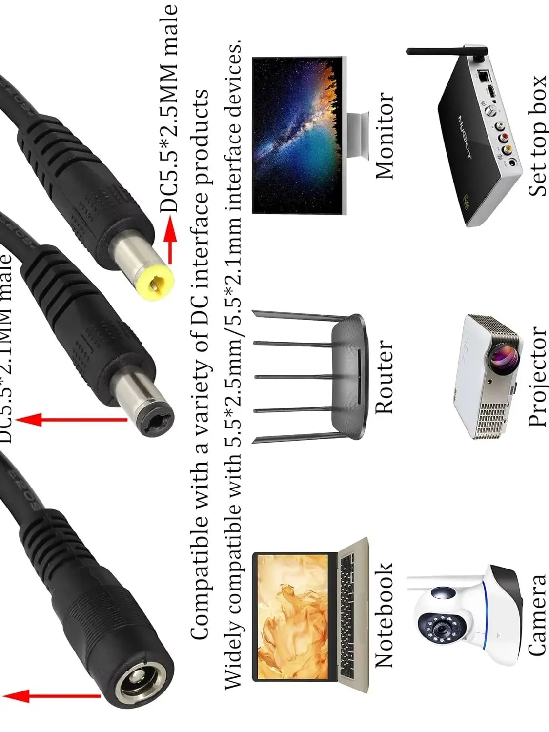 Kabel rozdzielający zasilanie CCTV DC 5.5mm X 2.5mm żeński na 5.5mm X 2.5mm + 5.5mm X 2.1mm męski, typu Y, do monitora, taśmy LED. — zdjęcie produktu 7