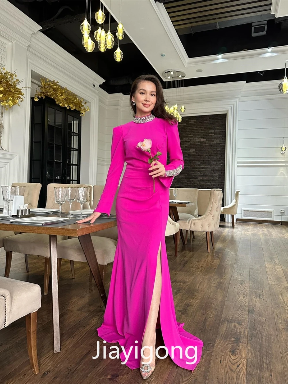 Jiayigong Elegant Exquisite High Collar Sheath Evening Dresses Paillette Charmeuse Custom Dress