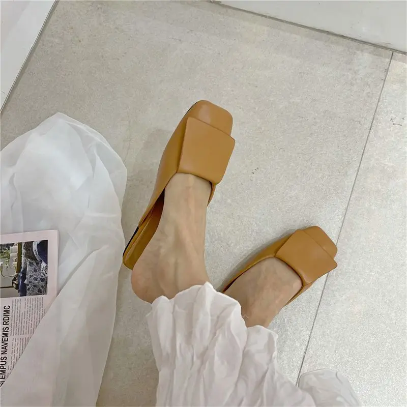 Woman Slippers Leather Shoes for Women 2023 Low Heel Sandals Rubber Summer Mules Slides Off White Job W Trend B Shoe New Fashion