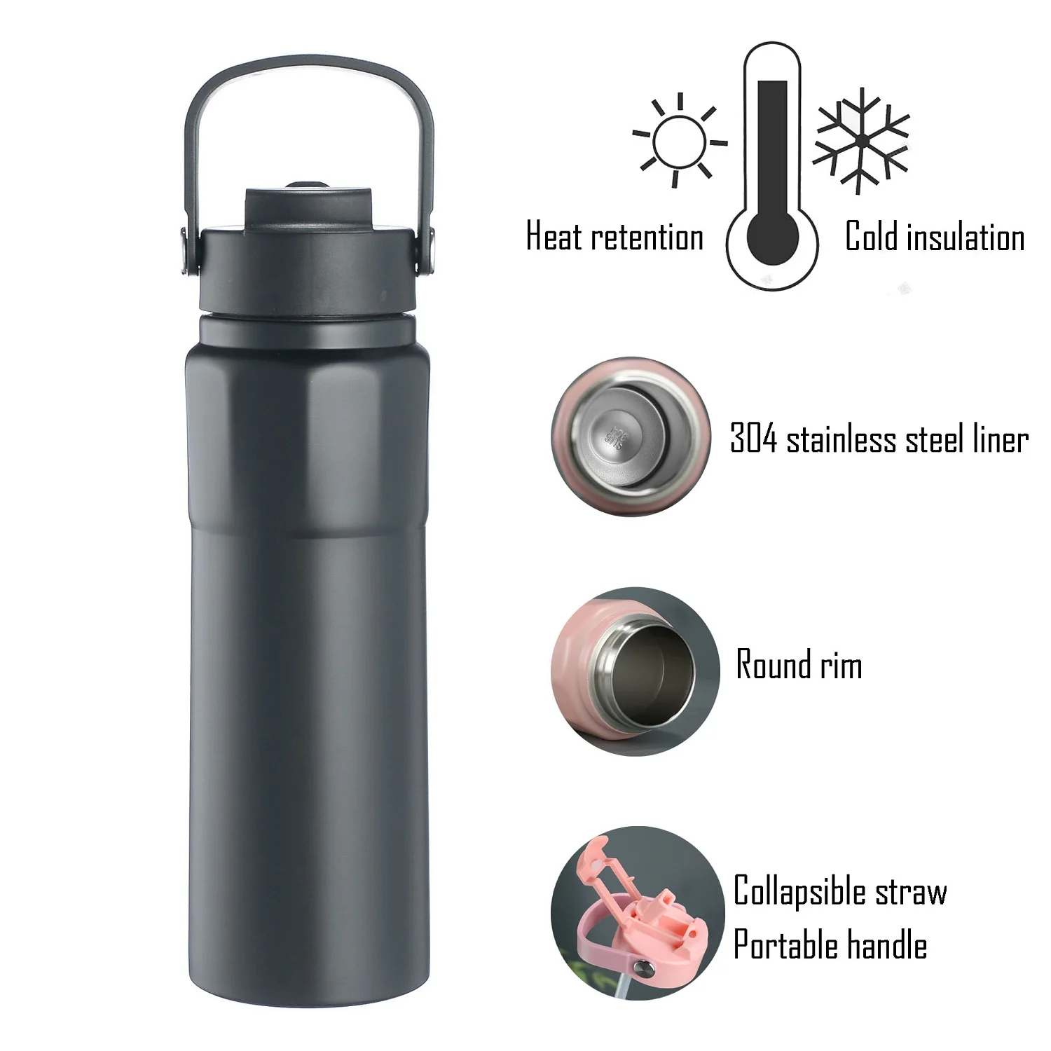 

750ml Thermos Cup With Collapsible Straw And Handle,Double Stainless Steel Vacuum Flasks, Drinkware,Sports Water Bottle Camping