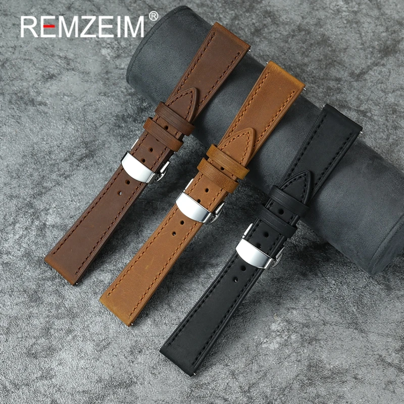 Quick Release Calfskin Leather Watchbands 18mm 20mm 22mm Smartwatch Strap Women Men Butterfly Clasp Watch Accessories