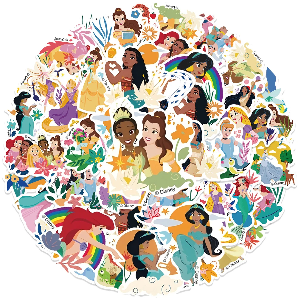 50pcs Cute Mix Disney Princess Stickers Aesthetic Kawaii Rapunzel Ariel Cartoon Decals Waterproof Graffiti Stationery Phone Case