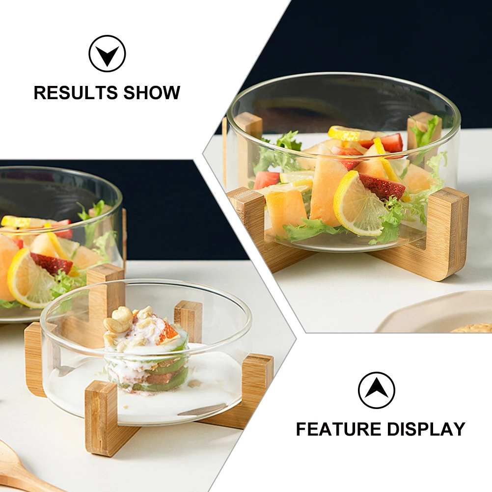 

Heatproof Glass Salad With Wooden Base Transparent Food Serving For Fruit Noodle Storage Heat Resistant Bowl Glass Food