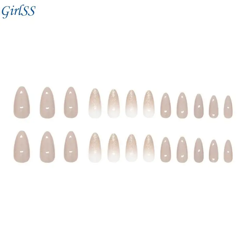 24pcsがネイルナチュラルグラデーションフランスのアーモンド形状の虚偽の爪を毎日のオフィス摩耗のためのグリッターでfalseアプリケーションt4mb