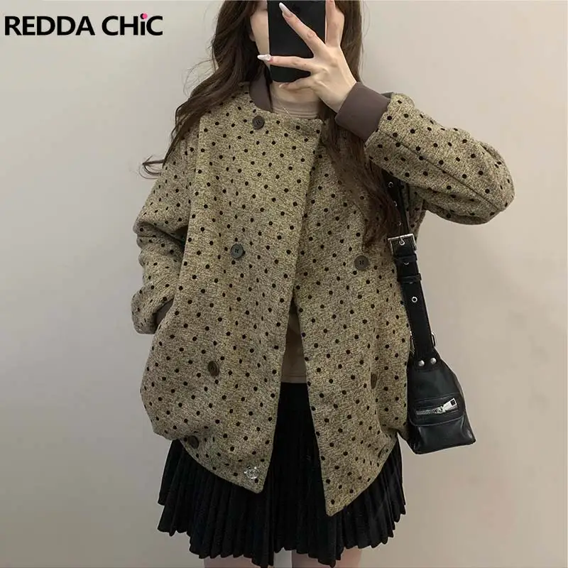 ReddaChic Retro Polka Dots Bomber Jacket Women Lounge Flocking Double Breasted O-Neck Long Sleeve Baseball Jacket School Outwear