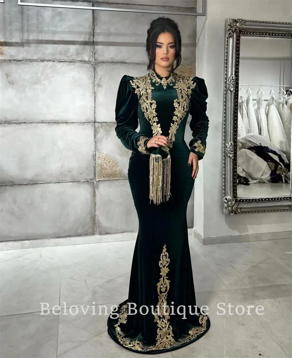 Moroccan Kaftans Appliques Mermaid Evening Dresses 2024 Robes Arabic Long Sleeves Prom Dress Muslim Beaded Wedding Party Gowns