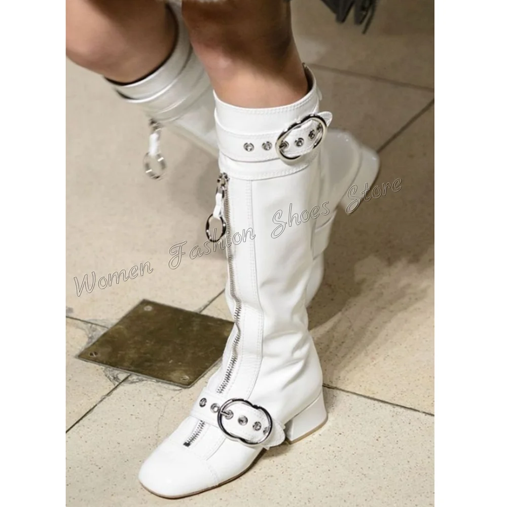 

White Side Zipper Buckle Decor Boots Chunky High Heels Matte Leather High Heel Shoes for Women Heels 2025 New Zapatos Para Mujer