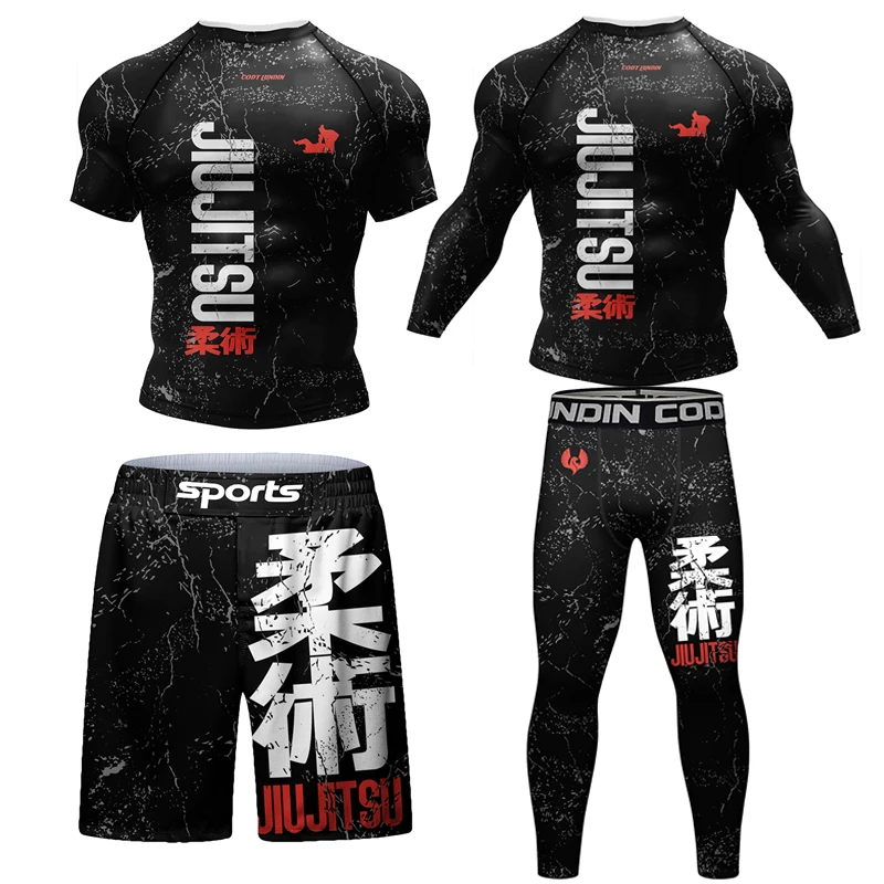 Nowy Jiu Jitsu Rashguard MMA T-shirt + spodnie dla mężczyzn 4 sztuk/zestaw brazylijski Grappling Bjj boks Rash Guard odzież sportowa spodenki