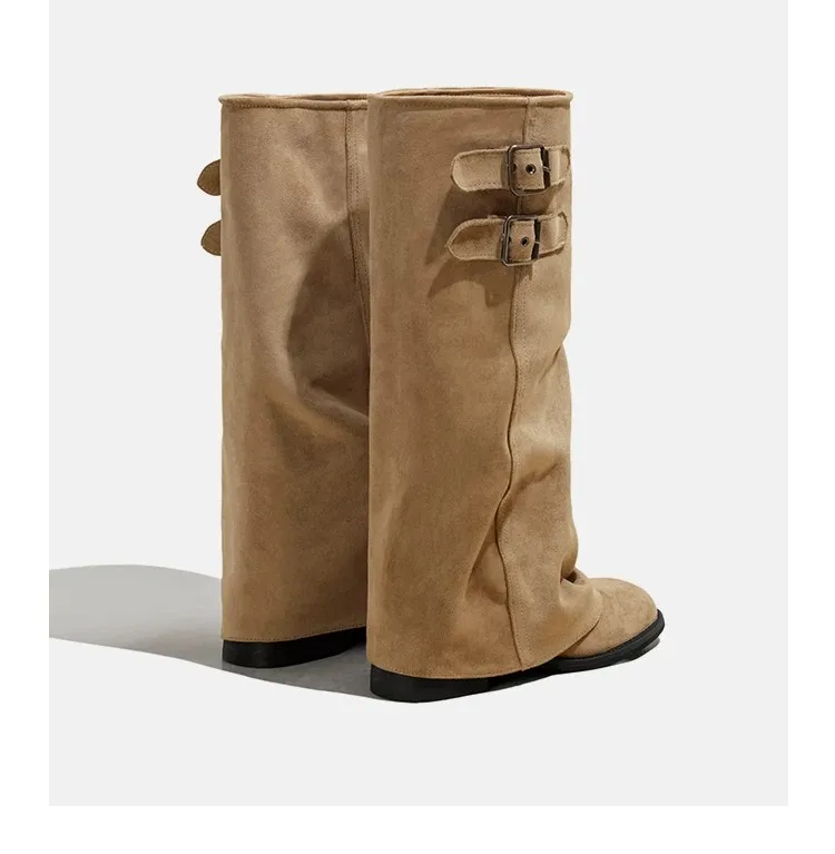 Women Ruched Tall Knee High Boots, Double Buckle Strap Decor Flat SoleRound Toe PU & Suede Look WideShaft Fold Over Ladies Boots