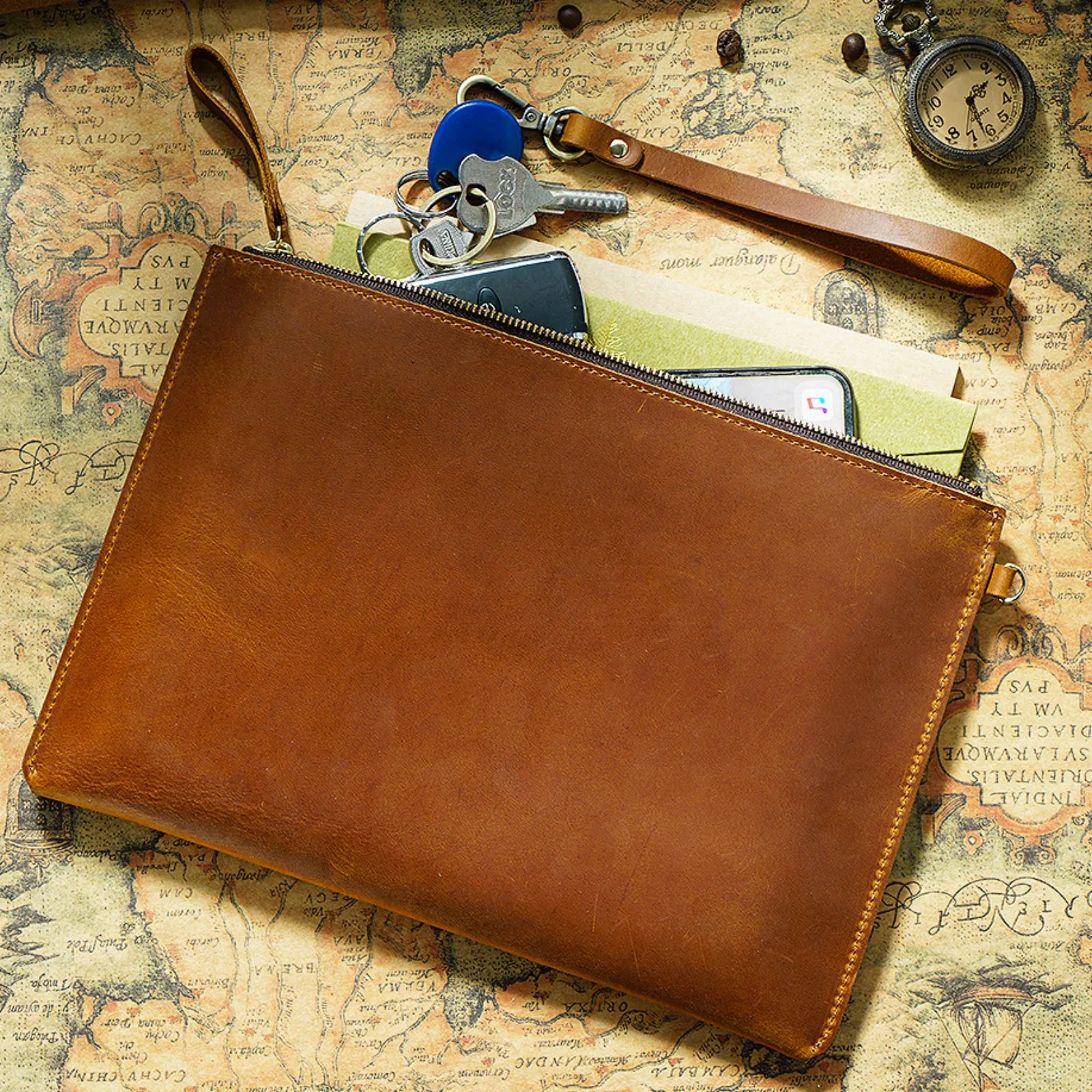 Genuine Leather Vintage Document Organizer Pouch with Zipper Slim File Papers Holder for IPad Mini & Smartphone Travel Office