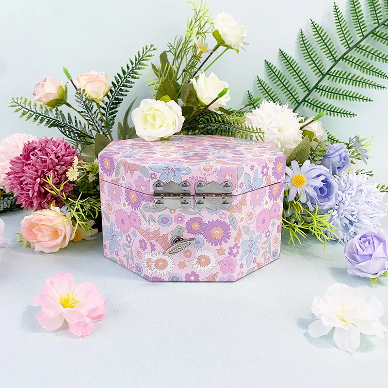 Octagonal Daisy-Printed Music Box, Cardboard Music Jewelry Boxes With A Mirror, Capable Of Storing Earrings And Necklaces.