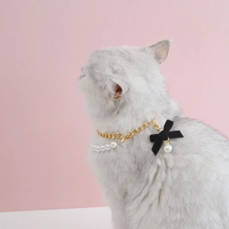 Pet Cat Than Bear Dog Rabbit Pearl Bow Chain Collar with Vintage Accessories Diamond Love Shape Cat Accessories Pet Garfield