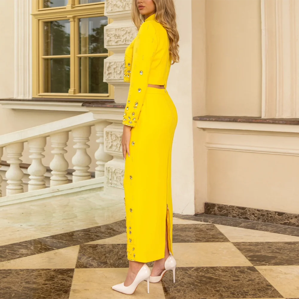TWOTWINSTYLE Solid Spliced Diamonds Two Piece Sets for Women Stand Neck Long Sleeve Top High Waist Skirt Temperament Set Female