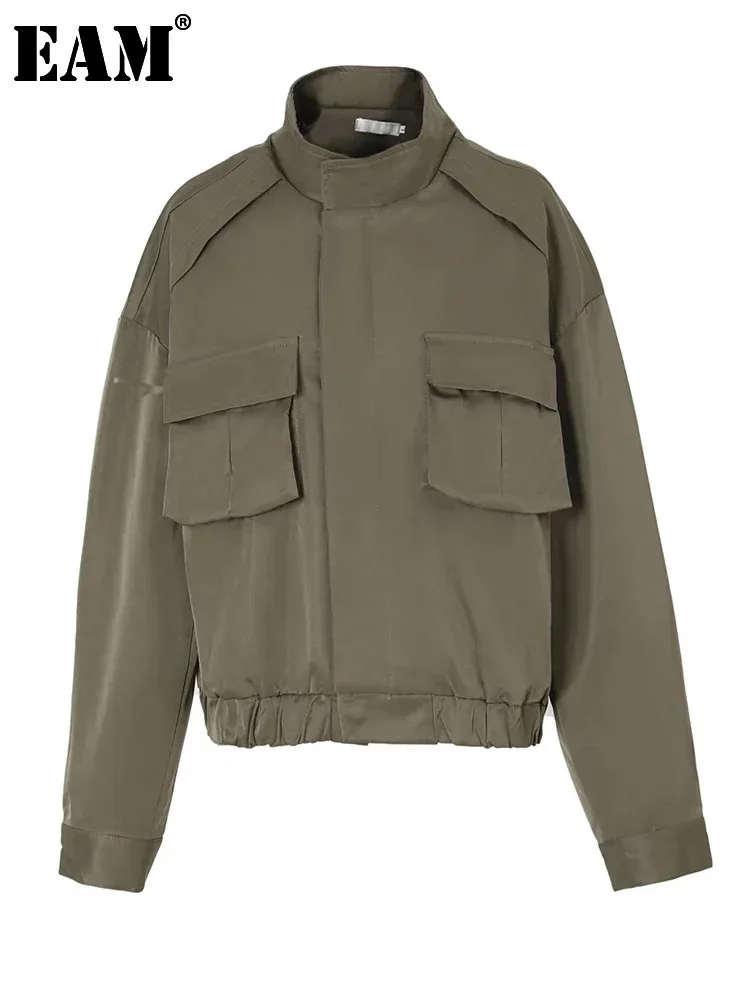 

Женский свободный пиджак EAM, Зеленый жакет большого размера с воротником-стойкой и длинным рукавом, весна-осень 2024