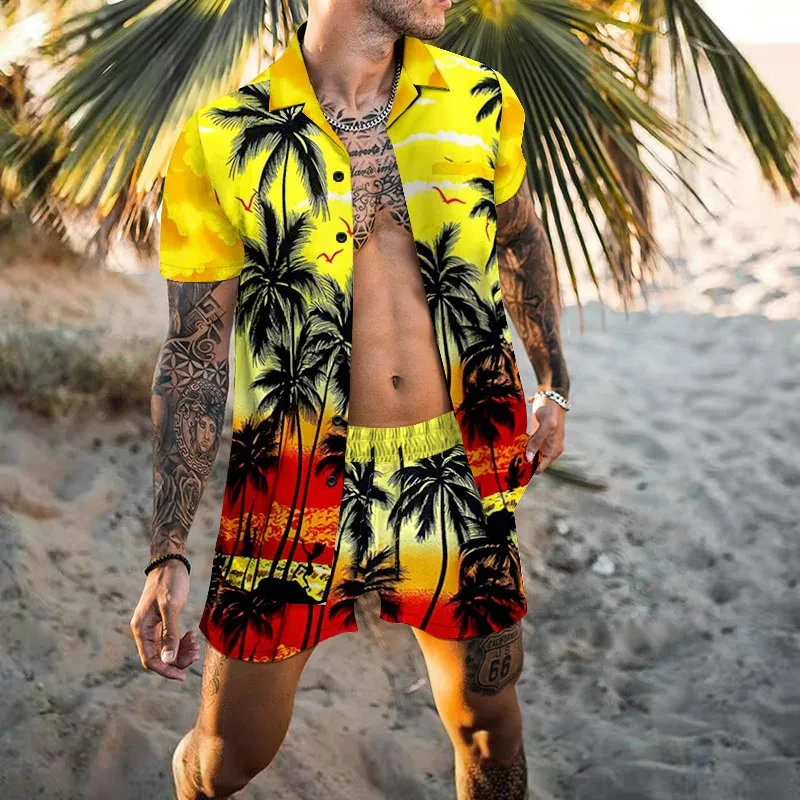 Cárdigan Hawaiano para hombre, conjunto de 2 piezas, camisa de manga corta con botones y estampado 3D, pantalones cortos de playa para vacaciones,