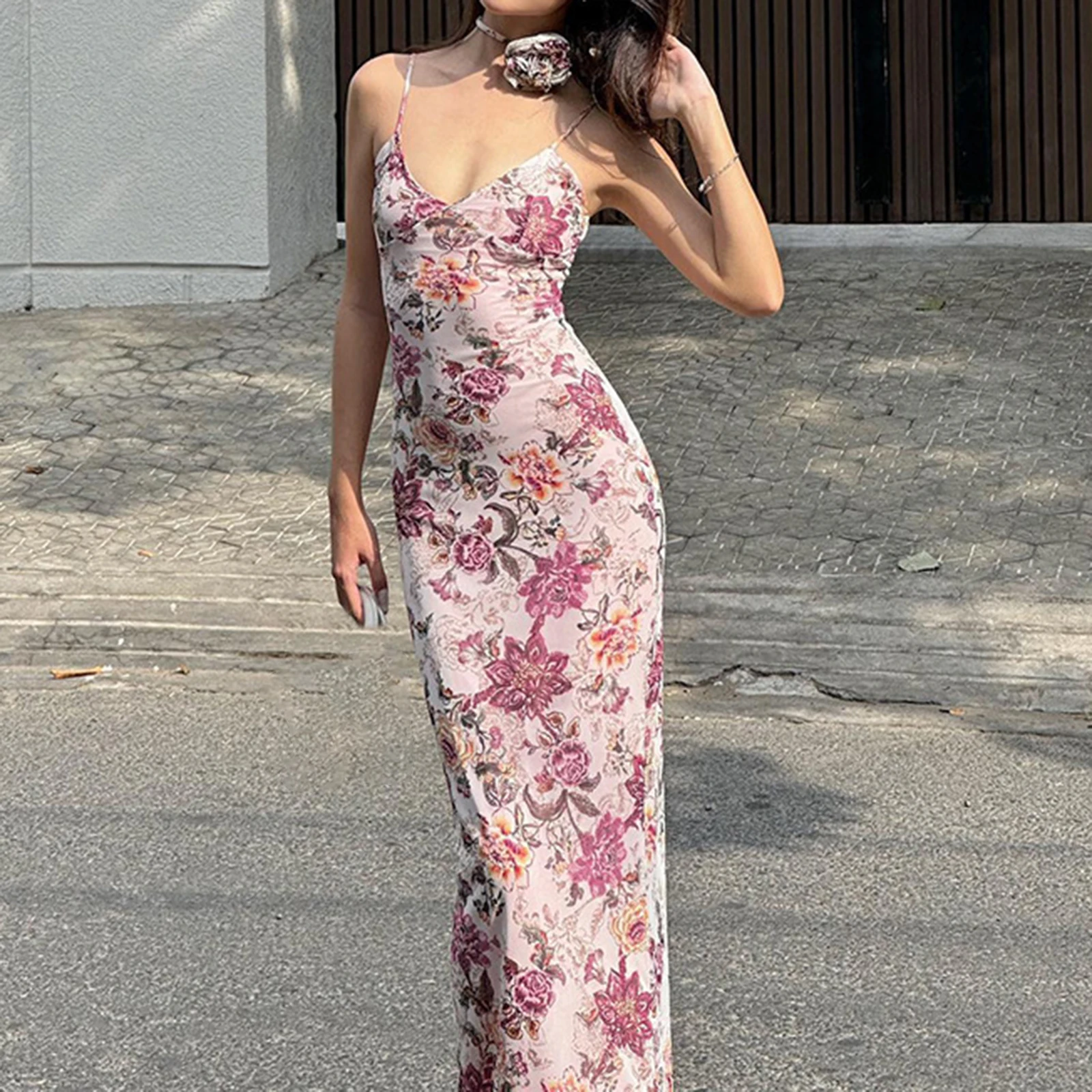 Women V-Neck Spaghetti Strap Backless Slim Summer Long Dress Floral Print Cami Dress