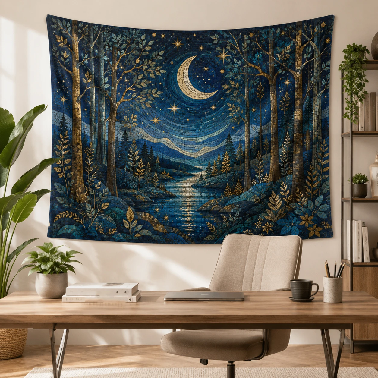 Moon Forest Tapestry Boho Starry Night Woodland Lake Wall Hanging for Bedroom Living Room Dorm Home