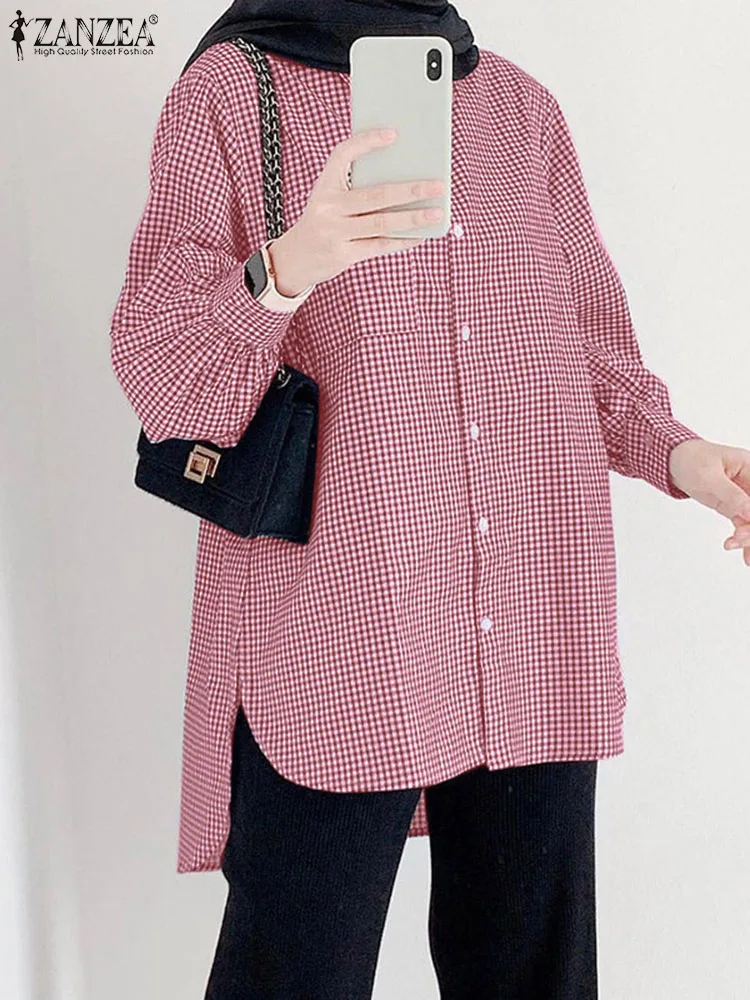 Muslim Tops For Women Spring Full Sleeve Plaid Checked Long Shirt Isamic Clothing ZANZEA Dubai Turkey Abaya Turkish Blouse 2023