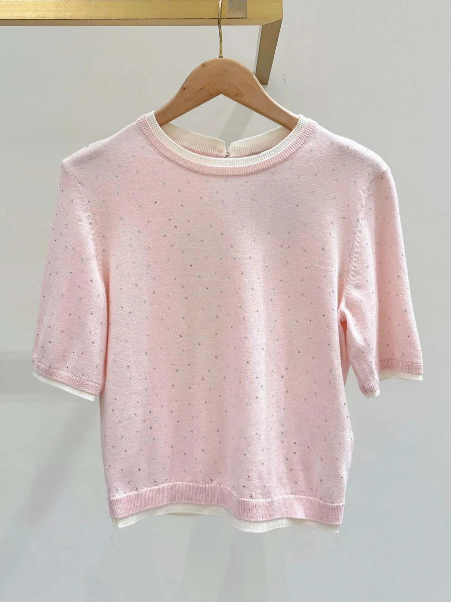 

M Home Nan You High End Women's Summer Heavy Work Rhinestone Pink Knitted T-irt Top Fem Faion Commute Sle Loose Fit