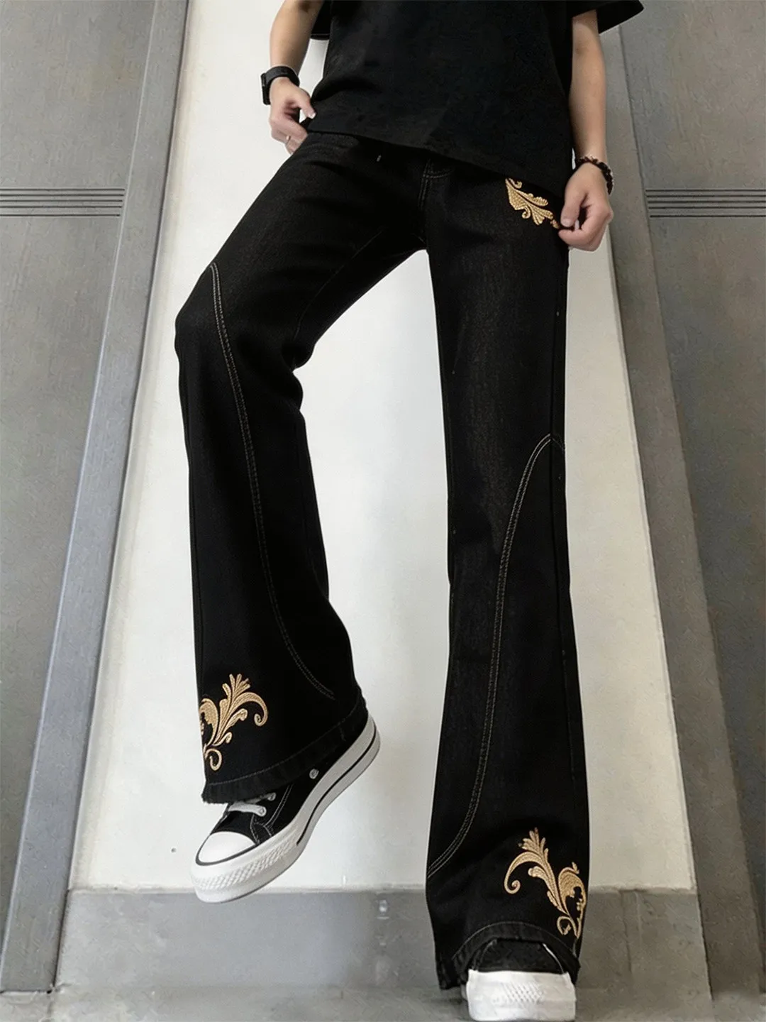 Black Denim Original Cowboy Embroidered Jeans Men's American Trendy Brand Patchwork Micro Flare Long Pants Retro High Street ...