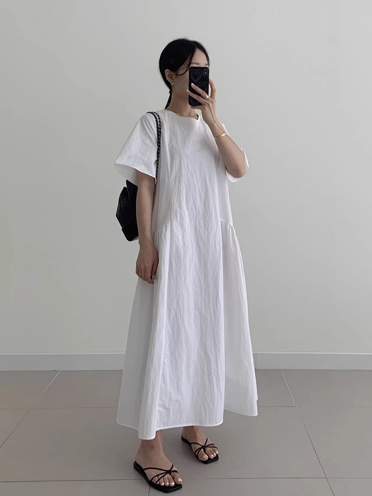 Chic été Anti-âge rond Ne épissure plissé ample décontracté bulle Sve couleur longue Dr coréen Sle taille ample