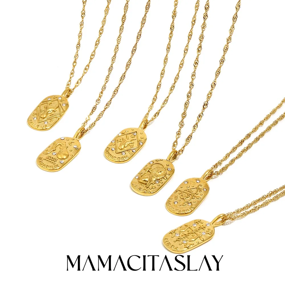 MamacitaSlay 316L Stainless Steel Zircon 12 Constellation Tarot Card Necklace 18K Gold Plated Waterproof Jewelry Women\'s Gifts