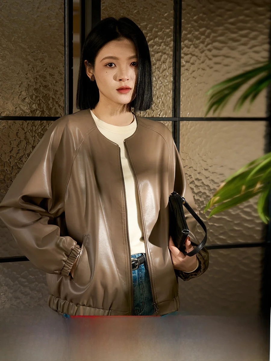 

Retro round Ne PU Leather Jaet Women's Commute Outerwear Faionable Ele Sle Windproof Long Sve Zipper Closure