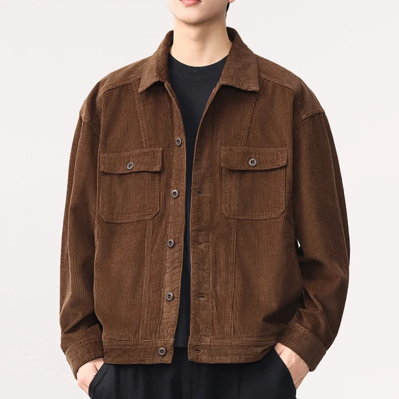 

2026 Spring Autumn Man Jacket Retro Loose Turn Down Collar Male Coat Single-breasted Long Sleeve Pocket Men Cargo Outerwear