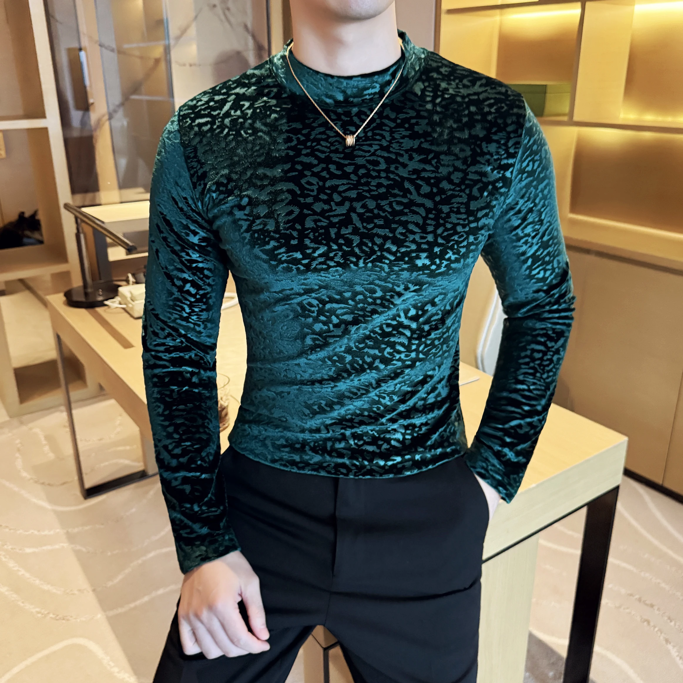 

Осень-зима бархатная футболка с леопардовым принтом мужская жаккардовая футболка с высоким воротником и длинными рукавами Slim Fit повседневная деловая базовая рубашка