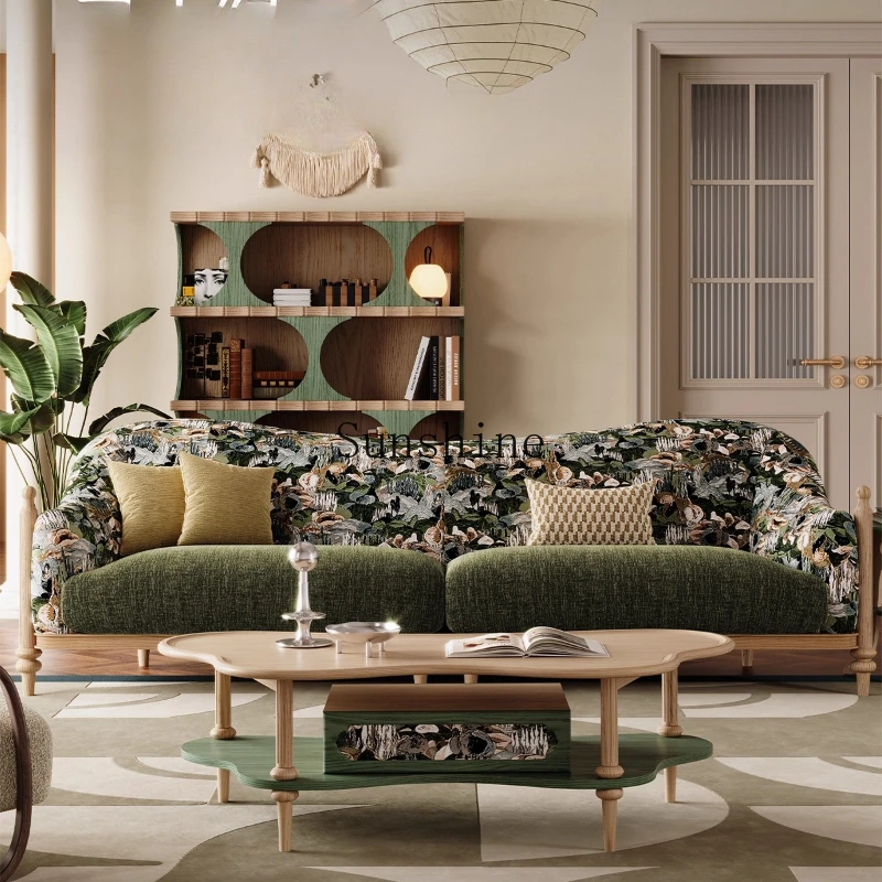 

Light French retro style design living room lazy straight row solid wood three-person fabric sofa color matching