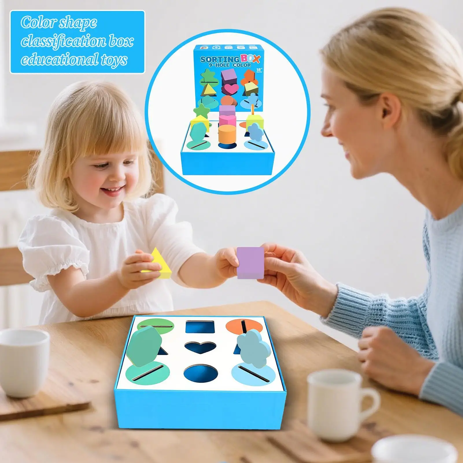 Shape Sorter Toy 9-Slot Wooden Sorter Box For Color & Shape Interactive Early Educational Learning Toy For Preschool Home