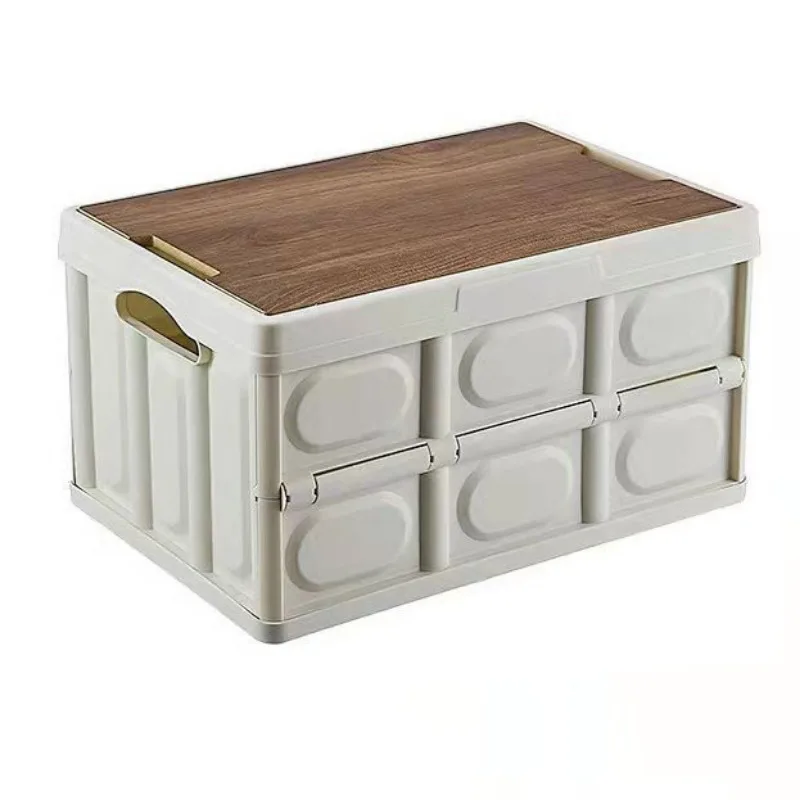 White Collapsible Small Standard Storage Box with Wooden Table Top(39x27x21CM) - Car Trunk Organiser for global Camping & Home Use