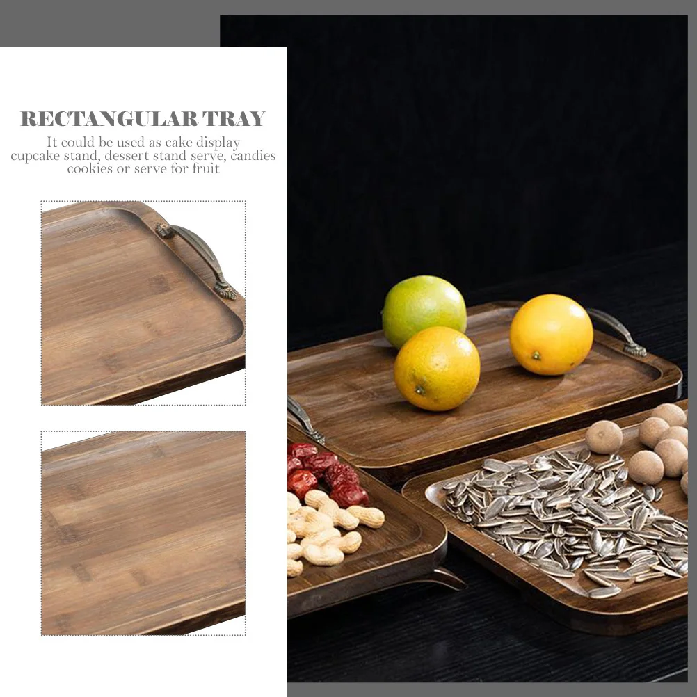 

Bamboo Food Serving Tray Rectangular Metal Handle Home Use Snack Storage Dessert Cake Display Tray Bamboo Tableware
