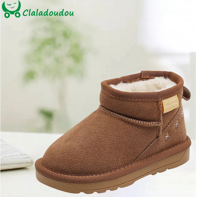 

Size 21-35 Genuine Leather Snow Boots With Thick Plush For Kids Boys,Solid Warm Children Girls Winter Shoes,Suede Simple Walkers