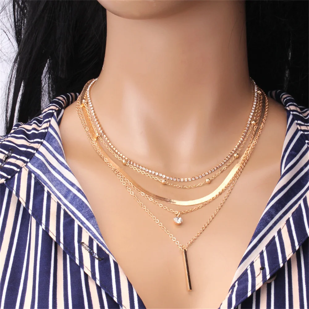 Gold-plate Multi-Level Crystal Snake Chain Geometric Pendant Necklace For Women Vintage Fashion Boho Girl Cute Jewelry Gfit