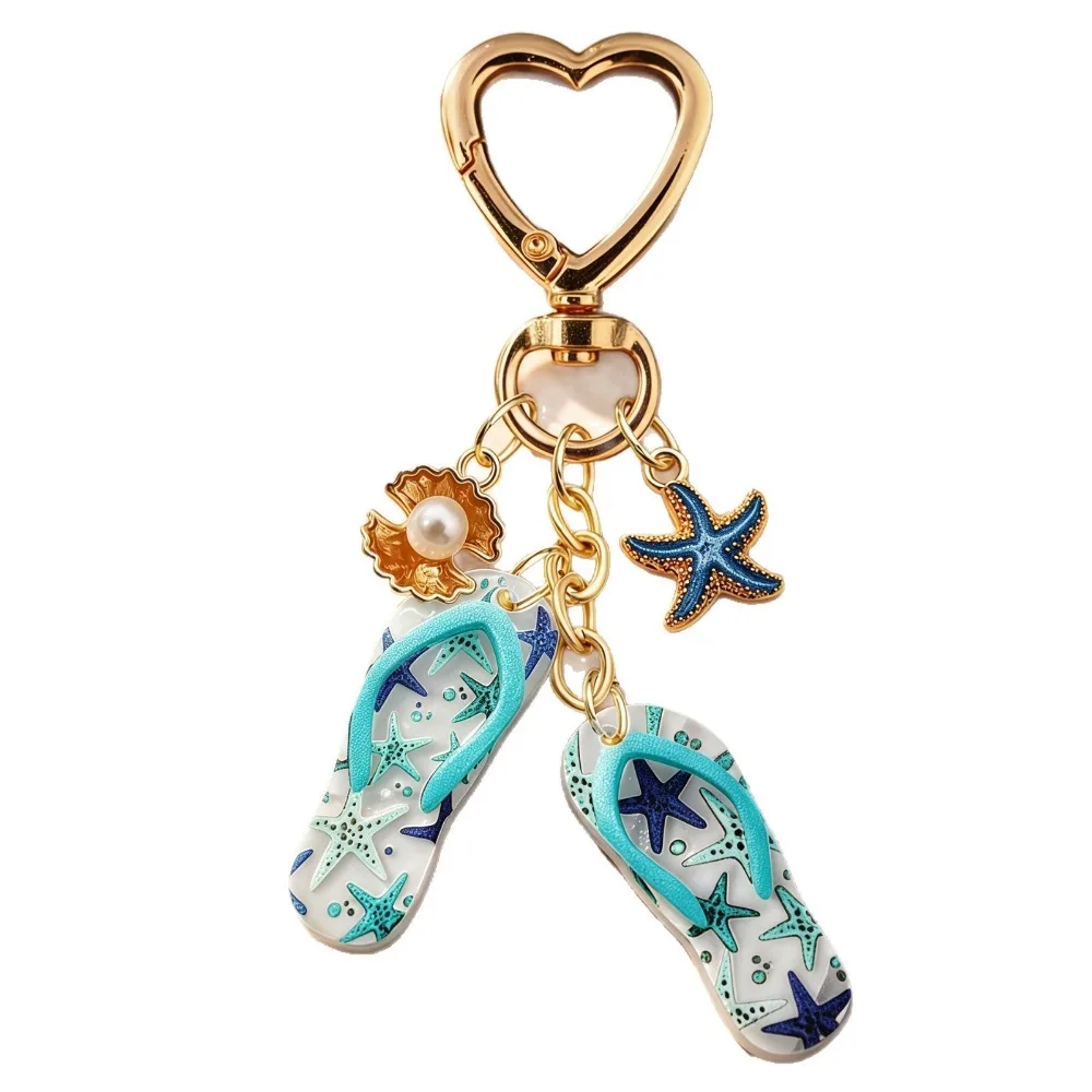 Acrylic Flip Flop Starfish Keychain Anti-fade Portable Summer Beach Pearl Keyring Heart Clasp Funny Starfish Shell Pendant