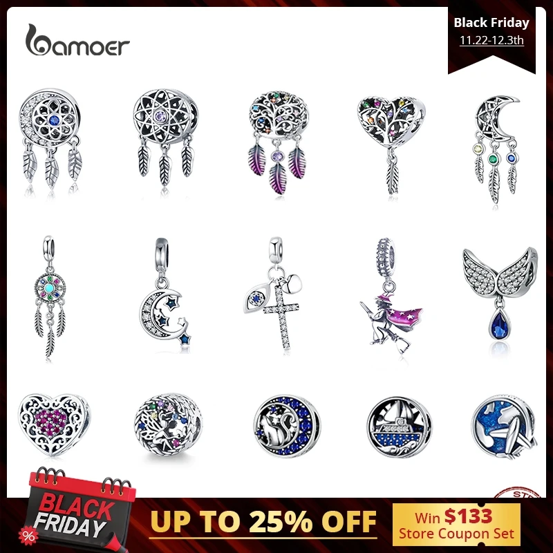 Bamoer 925 Sterling Silver Moon Charm Star Trinket Cat Travel Dreamcatcher Bead Cute Original for Women Daily Fine Jewelry Gifts