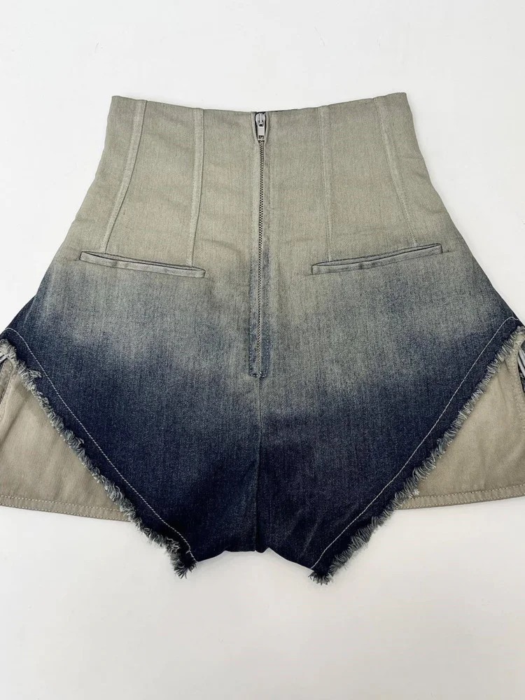 Deat Fashion Dames Gradiënt Denim Shorts Hoge Taille Grote Zakken Decortae Met Kwastje Streetwear Broek Herfst 2024 Nieuw 17a6097