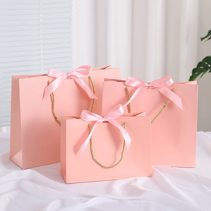 10Pcs Pink White Gift Bag  Box Gold For Packaging Kraft Paper Bags With Ribbon Wedding Box Business Shopping Clothes Package