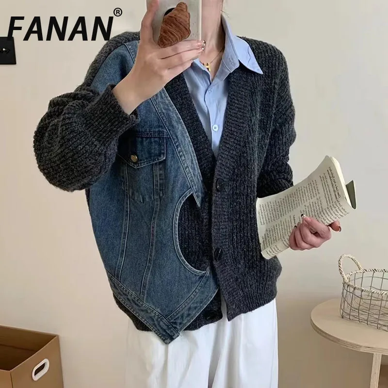 FANAN Sweter Rajut Sambungan Denim Fashion untuk Wanita Mantel Wanita Cocok Lengan Panjang Kancing Sebaris Leher V Atasan Mode 2025 Baru