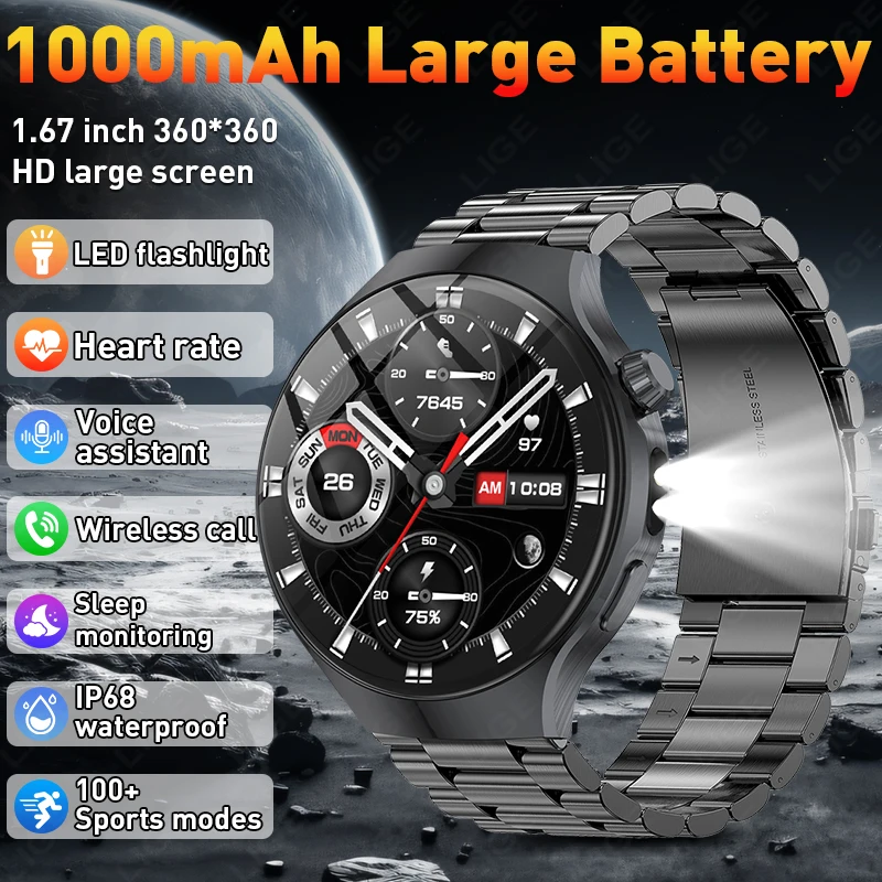 

New 1000mAh Battery Sport Smart Watch 2026 LED Flashlight Heart Rate Monitor Bluetooth Call 1.67" HD Screen Smartwatch Men Women