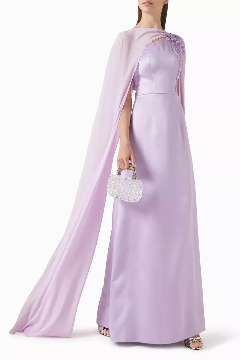 Customized Lavender Cape Sleeve Satin Long Evening Dress Hollow Chest Floral Rhinestone Formal Occasion Gown For Middle East