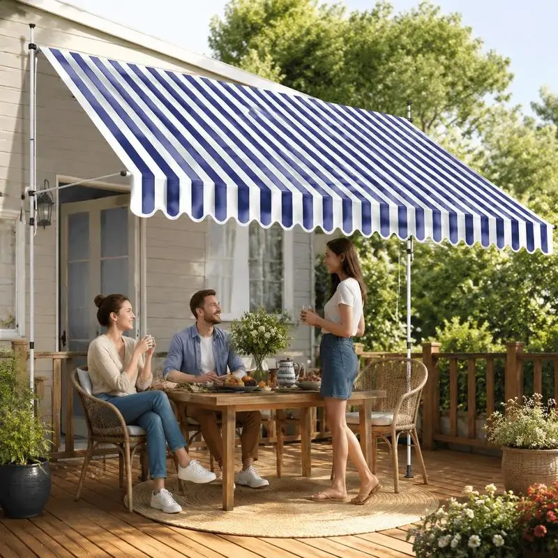 Cette auvent rétractable manuelle de 350 cm est dotée d'un tissu en polyester enduit de PU à rayures bleu-blanc. Angle réglable, imperméable et facile à nettoyer. Parasol idéal pour les patios, les balcons, les jardins et les terrasses pour bloquer la forte luminosité du soleil.