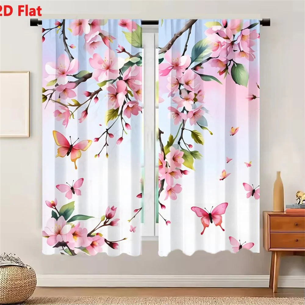 2Pcs Curtains Pink Blossom Branches With Butterflies On Gradient Sky Window Drapes for Bedroom Room Decor Decoration Window Trea